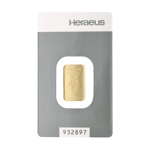 Gold bar 5 grams Heraeus obverse